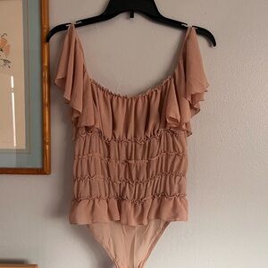 Free People Ruffled Off-Shoulder Bodysuit in Blush Pink